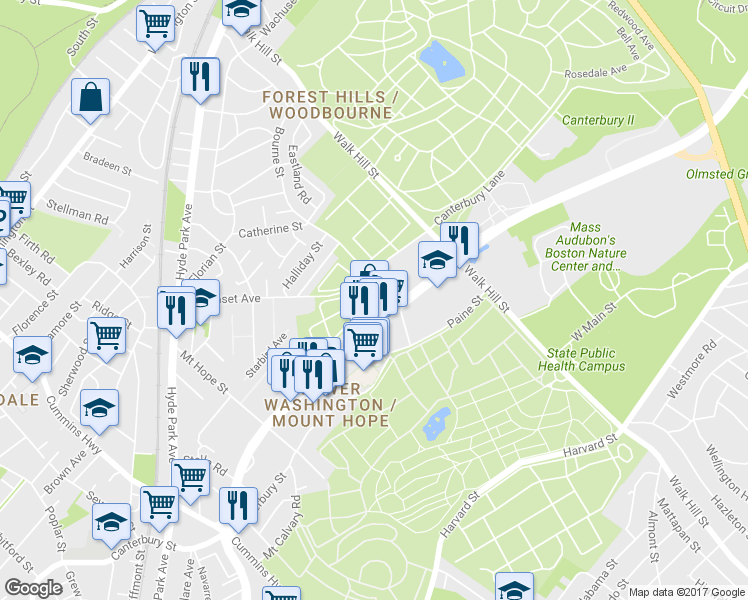 map of restaurants, bars, coffee shops, grocery stores, and more near 634 Canterbury Street in Boston