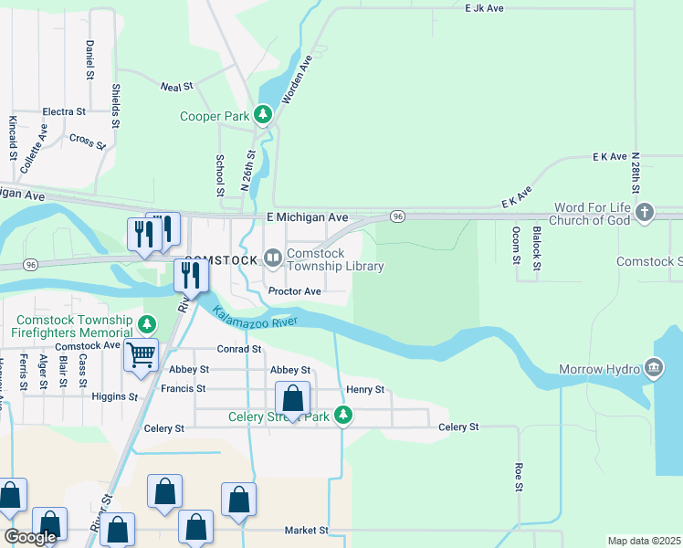 map of restaurants, bars, coffee shops, grocery stores, and more near 6282 Grange Avenue in Kalamazoo