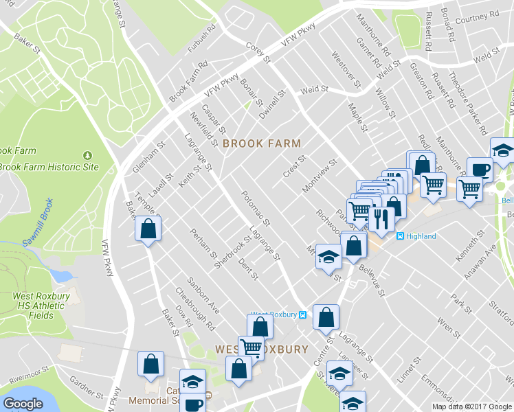 map of restaurants, bars, coffee shops, grocery stores, and more near 46 Potomac Street in Boston