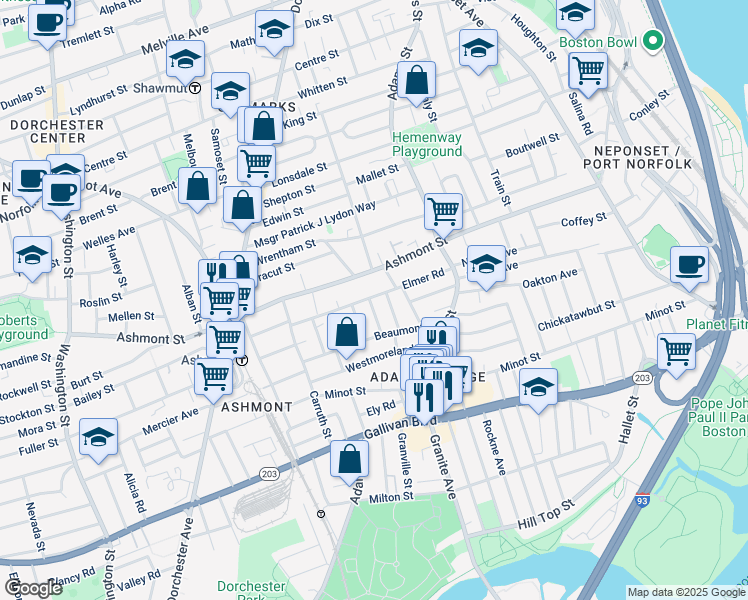 map of restaurants, bars, coffee shops, grocery stores, and more near 33 Bateswell Road in Boston