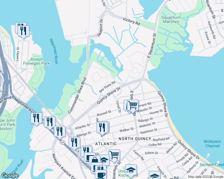 map of restaurants, bars, coffee shops, grocery stores, and more near 220 Quincy Shore Drive in Quincy