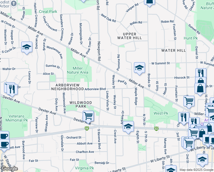 map of restaurants, bars, coffee shops, grocery stores, and more near 1316 Arborview Boulevard in Ann Arbor