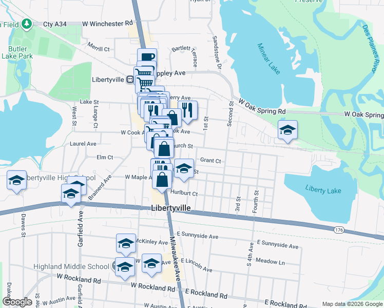 map of restaurants, bars, coffee shops, grocery stores, and more near 331 1st Street in Libertyville