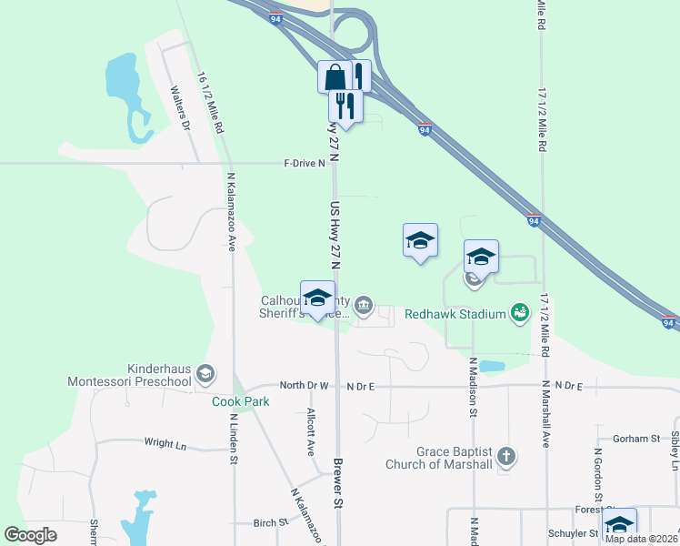 map of restaurants, bars, coffee shops, grocery stores, and more near 5600 Brewer Street in Marshall