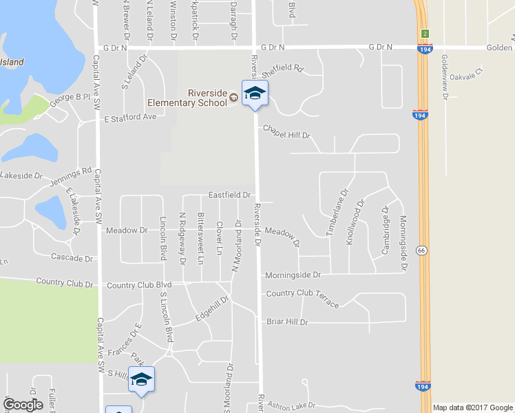 map of restaurants, bars, coffee shops, grocery stores, and more near 708 Riverside Drive in Battle Creek