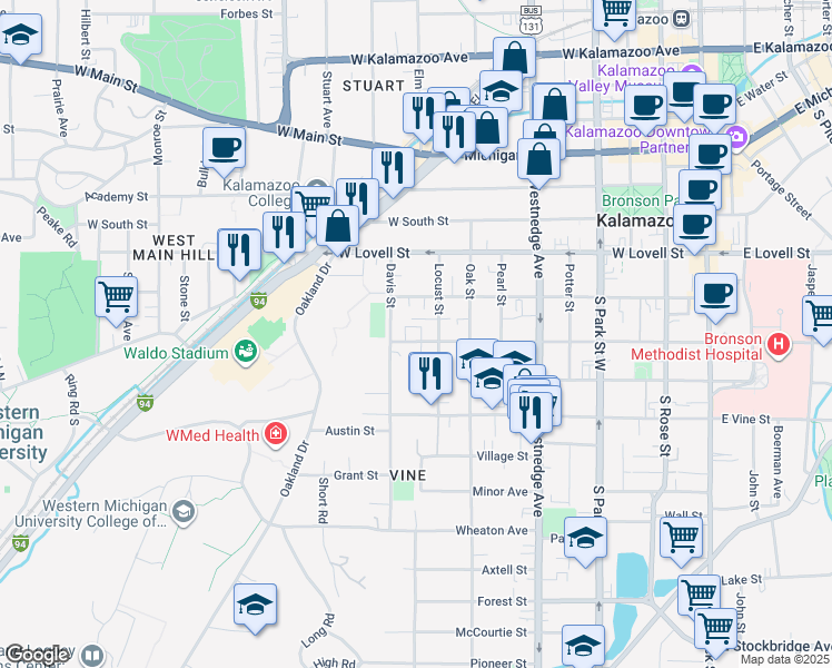 map of restaurants, bars, coffee shops, grocery stores, and more near 816 West Walnut Street in Kalamazoo