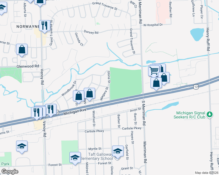 map of restaurants, bars, coffee shops, grocery stores, and more near 3098 Niagara Street in Wayne