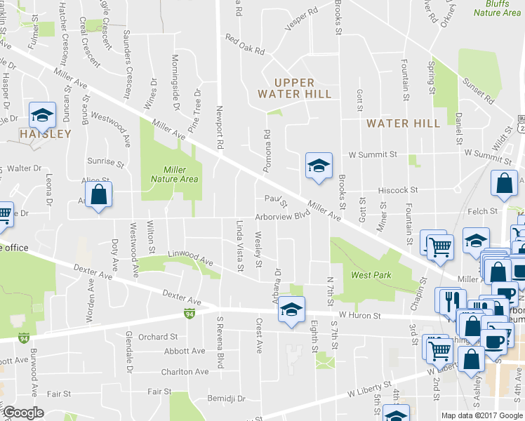 map of restaurants, bars, coffee shops, grocery stores, and more near 1212 Arborview Boulevard in Ann Arbor