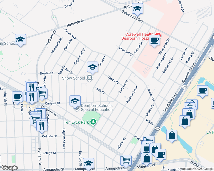 map of restaurants, bars, coffee shops, grocery stores, and more near 2605 Hollywood Street in Dearborn