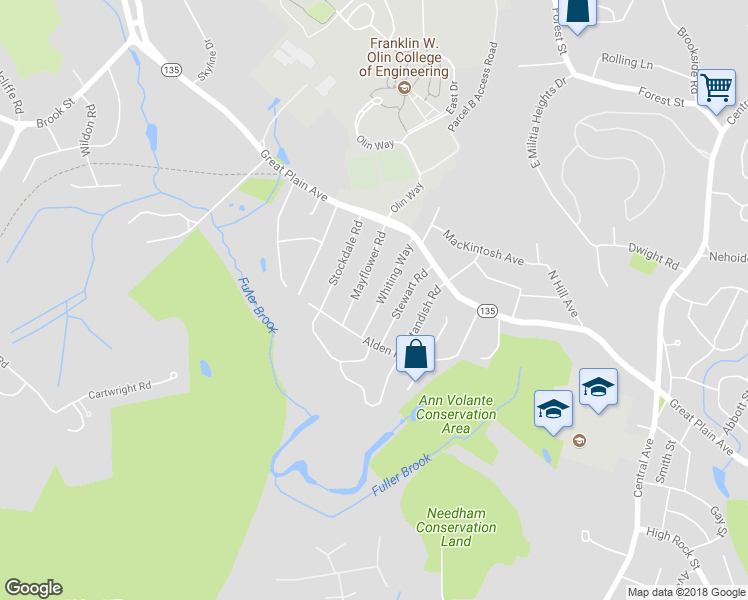 map of restaurants, bars, coffee shops, grocery stores, and more near 69 Whiting Way in Needham