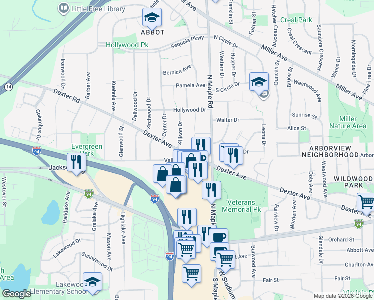 map of restaurants, bars, coffee shops, grocery stores, and more near 2588 Dexter Avenue in Ann Arbor