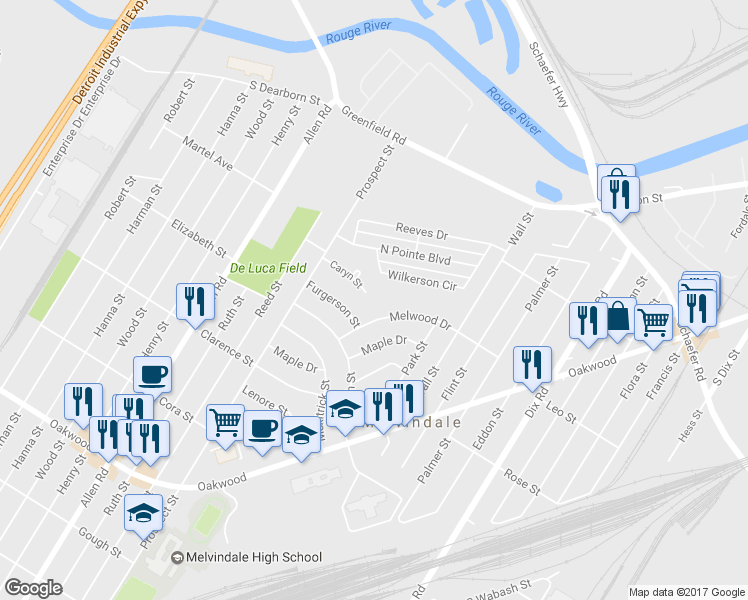 map of restaurants, bars, coffee shops, grocery stores, and more near 3504 Caryn Street in Melvindale