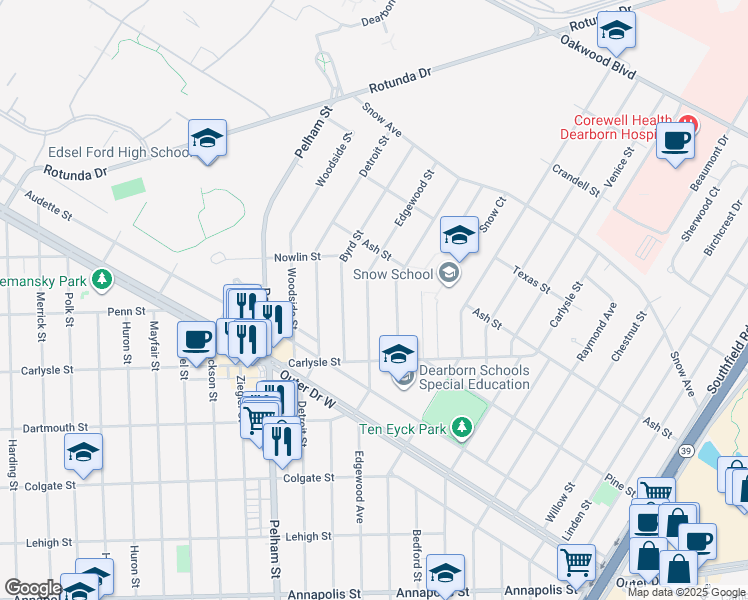 map of restaurants, bars, coffee shops, grocery stores, and more near 3353 Edgewood Street in Dearborn