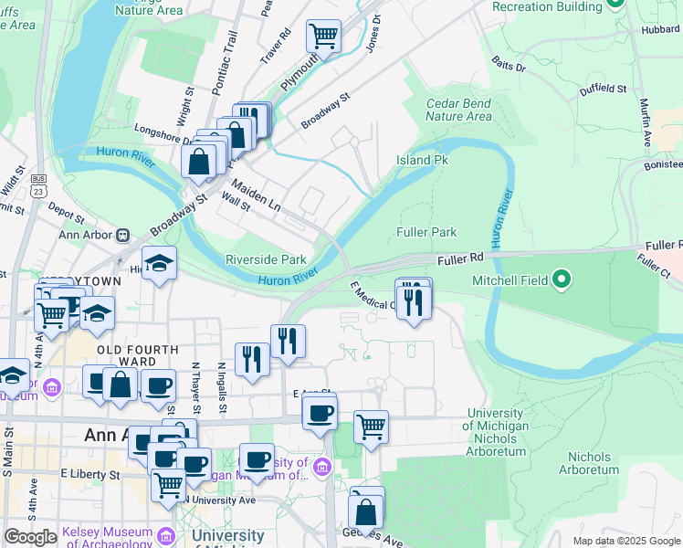map of restaurants, bars, coffee shops, grocery stores, and more near 1353 Fuller Road in Ann Arbor