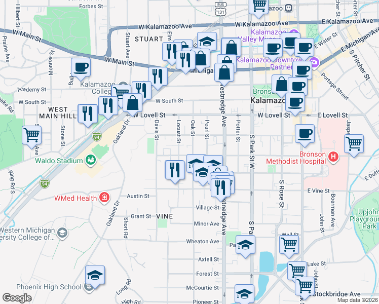 map of restaurants, bars, coffee shops, grocery stores, and more near 712 West Walnut Street in Kalamazoo