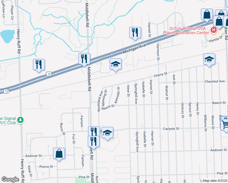 map of restaurants, bars, coffee shops, grocery stores, and more near 3227 Manning Drive in Inkster