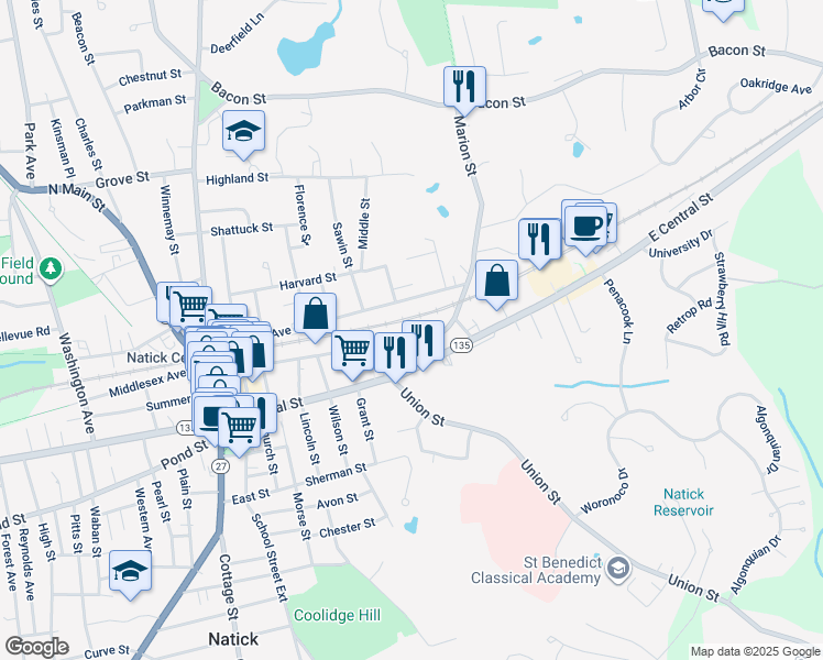 map of restaurants, bars, coffee shops, grocery stores, and more near 3 Lincoln Place in Natick
