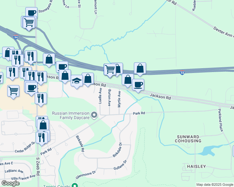 map of restaurants, bars, coffee shops, grocery stores, and more near 30 Myrtle Avenue in Ann Arbor