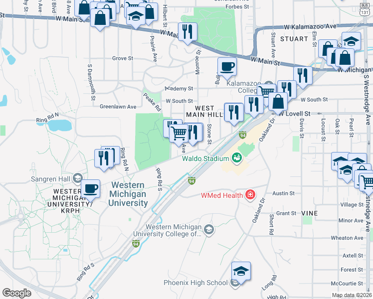 map of restaurants, bars, coffee shops, grocery stores, and more near 1420 West Michigan Avenue in Kalamazoo