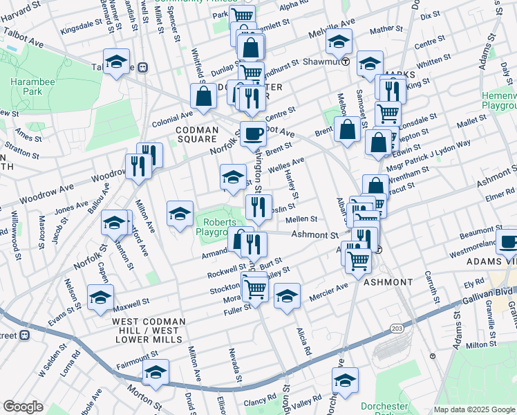 map of restaurants, bars, coffee shops, grocery stores, and more near Washington Street & Dunbar Avenue in Boston
