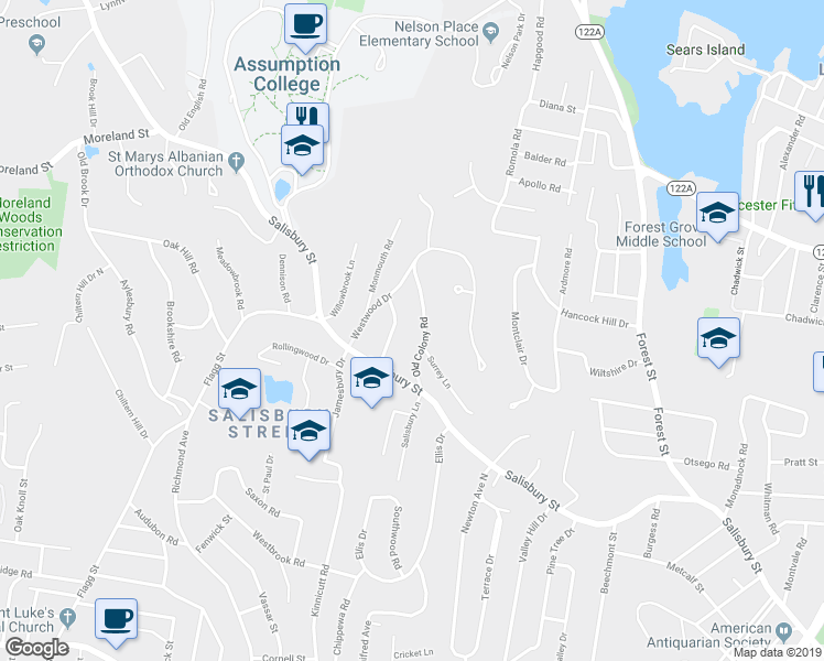 map of restaurants, bars, coffee shops, grocery stores, and more near 9 Old Colony Road in Worcester