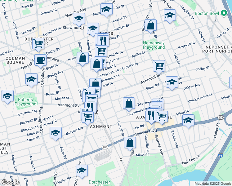map of restaurants, bars, coffee shops, grocery stores, and more near 291 Ashmont Street in Boston