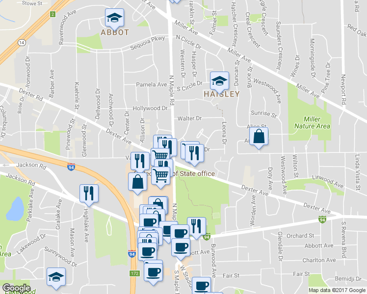 map of restaurants, bars, coffee shops, grocery stores, and more near 2415 Faye Drive in Ann Arbor
