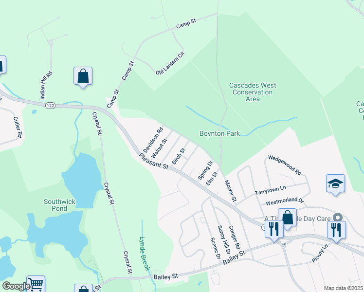 map of restaurants, bars, coffee shops, grocery stores, and more near 10 Ledyard Road in Paxton