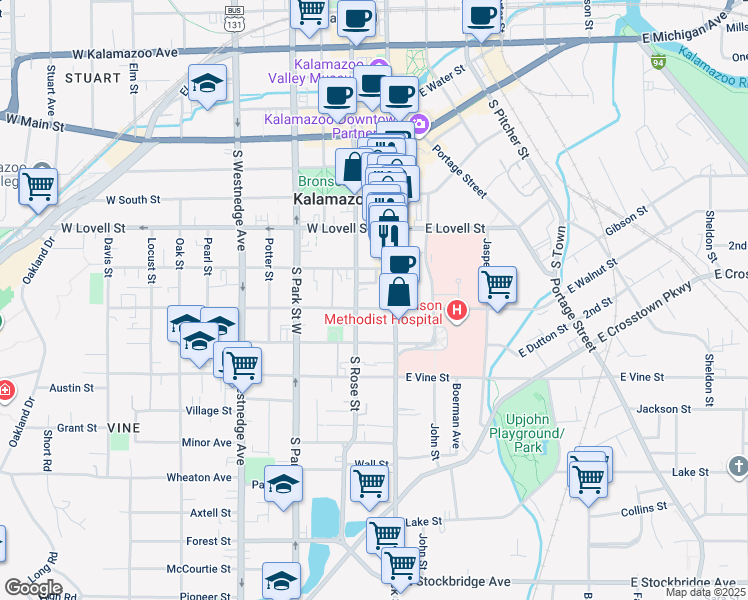 map of restaurants, bars, coffee shops, grocery stores, and more near 118 West Walnut Street in Kalamazoo