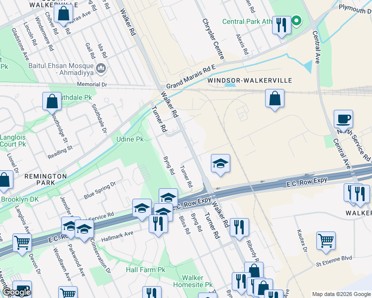map of restaurants, bars, coffee shops, grocery stores, and more near 2963 Walker Road in Windsor