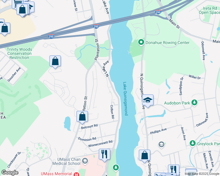 map of restaurants, bars, coffee shops, grocery stores, and more near 245 North Lake Avenue in Worcester