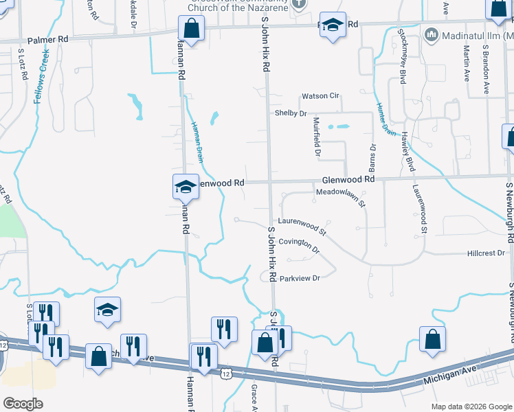 map of restaurants, bars, coffee shops, grocery stores, and more near 3010 South John Hix Road in Wayne