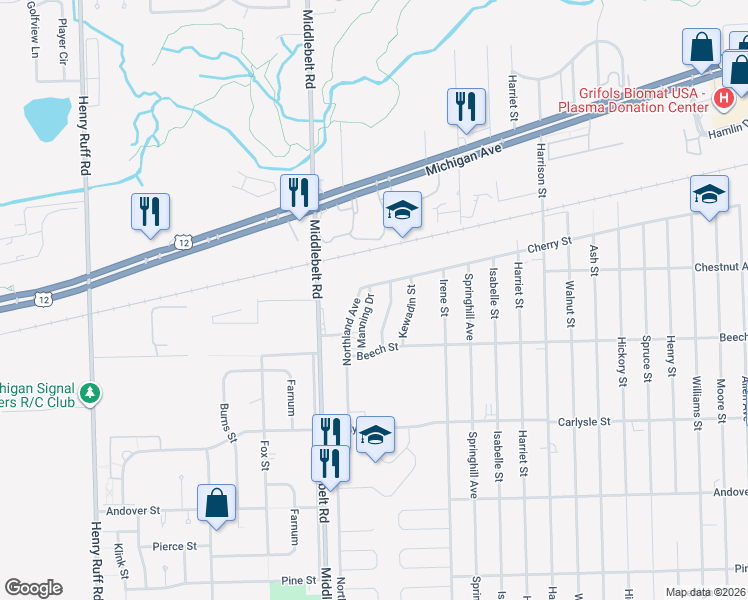 map of restaurants, bars, coffee shops, grocery stores, and more near 3227 Manning Drive in Inkster