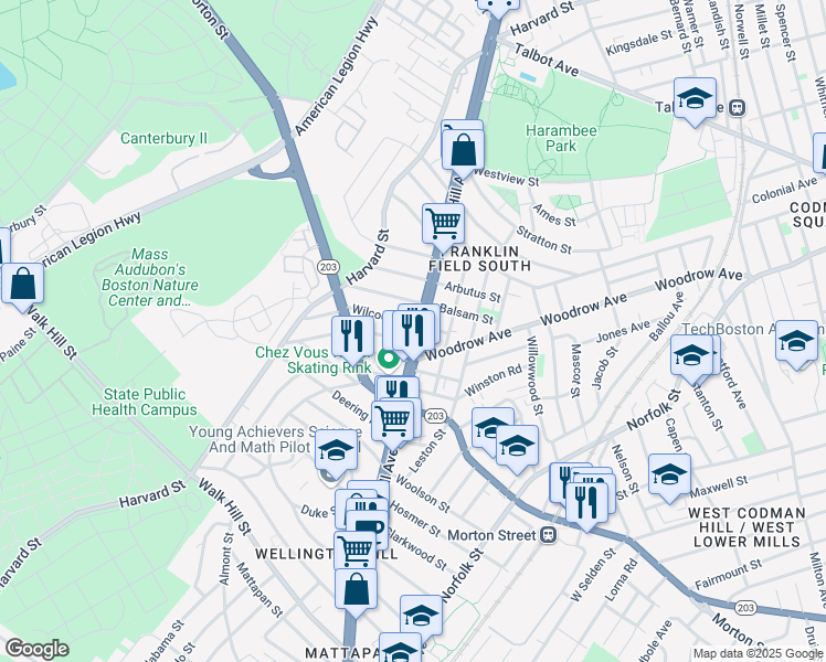 map of restaurants, bars, coffee shops, grocery stores, and more near 1111 Massachusetts 28 in Boston