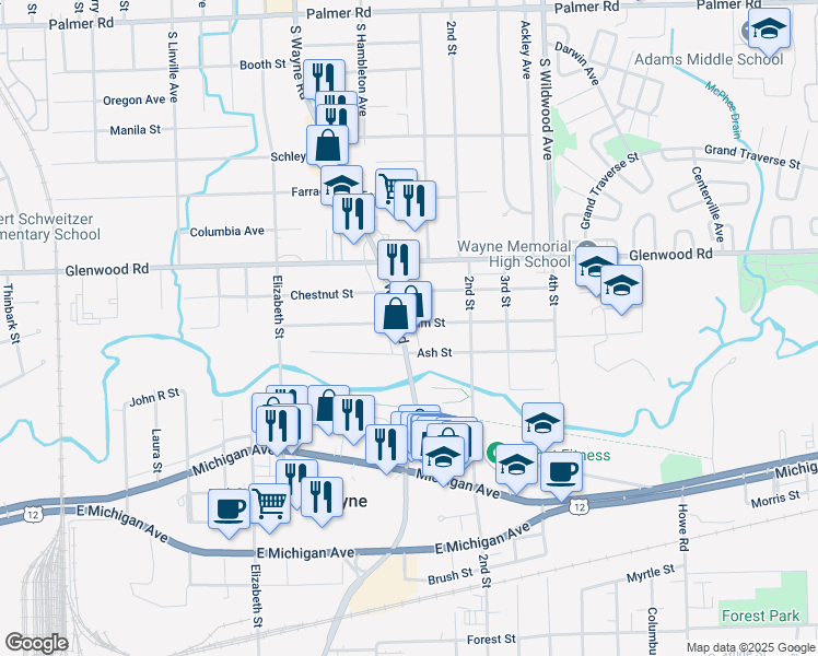 map of restaurants, bars, coffee shops, grocery stores, and more near 3103 South Wayne Road in Wayne
