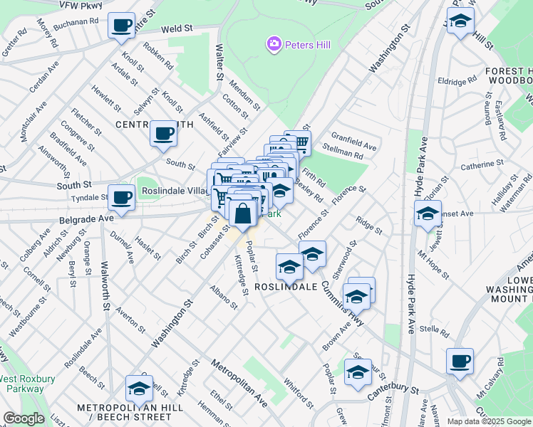 map of restaurants, bars, coffee shops, grocery stores, and more near 6 Cummins Highway in Boston