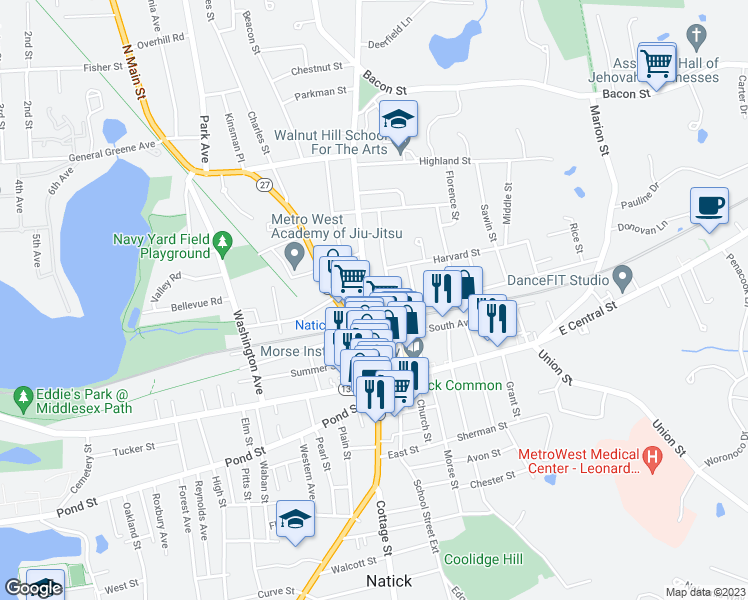 map of restaurants, bars, coffee shops, grocery stores, and more near 19 Walnut Street in Natick