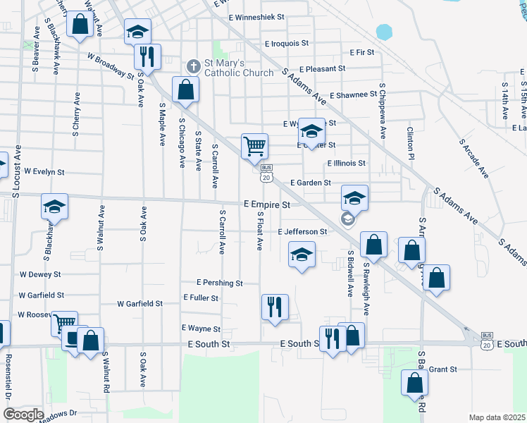 map of restaurants, bars, coffee shops, grocery stores, and more near 1309 South Float Avenue in Freeport
