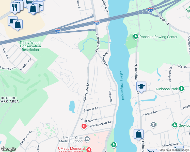 map of restaurants, bars, coffee shops, grocery stores, and more near 480 Plantation Street in Worcester