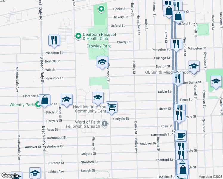 map of restaurants, bars, coffee shops, grocery stores, and more near 3325 Westwood Street in Dearborn