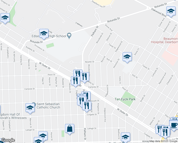 map of restaurants, bars, coffee shops, grocery stores, and more near 3433 Woodside Drive in Dearborn