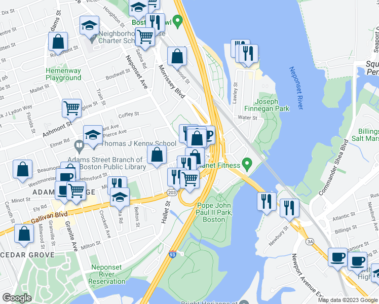 map of restaurants, bars, coffee shops, grocery stores, and more near 367 Neponset Avenue in Boston