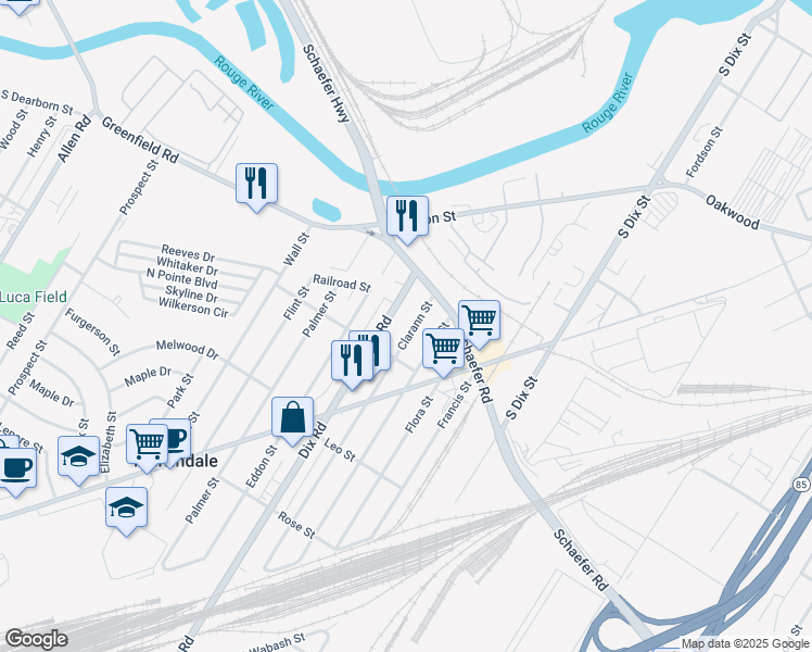 map of restaurants, bars, coffee shops, grocery stores, and more near 17081 Clarann Street in Melvindale