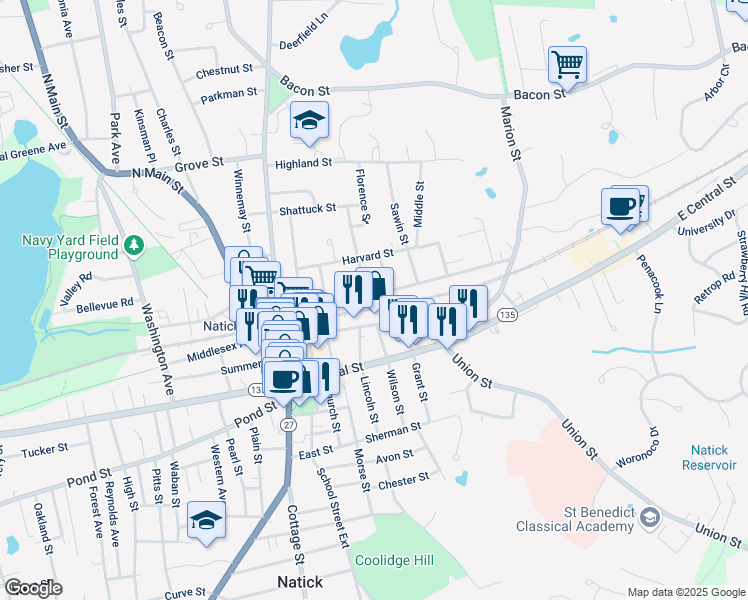 map of restaurants, bars, coffee shops, grocery stores, and more near 87 North Avenue in Natick