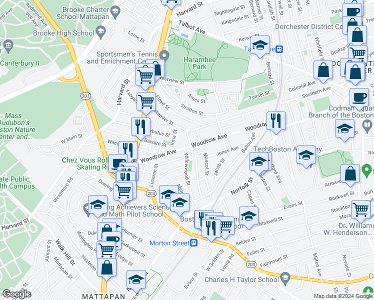 map of restaurants, bars, coffee shops, grocery stores, and more near 166 Woodrow Avenue in Boston