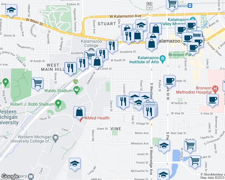 map of restaurants, bars, coffee shops, grocery stores, and more near 531 Davis Street in Kalamazoo