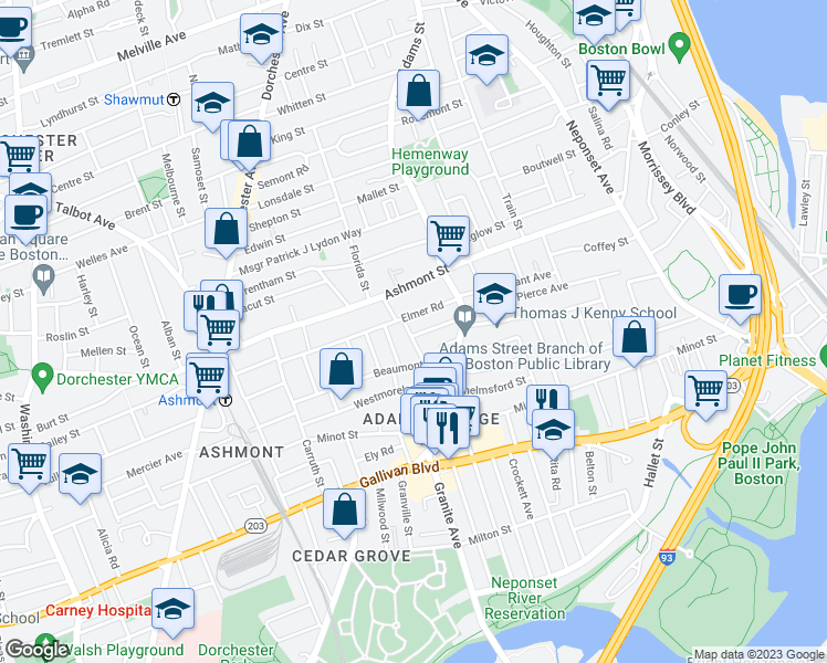 map of restaurants, bars, coffee shops, grocery stores, and more near 29 Helena Road in Boston