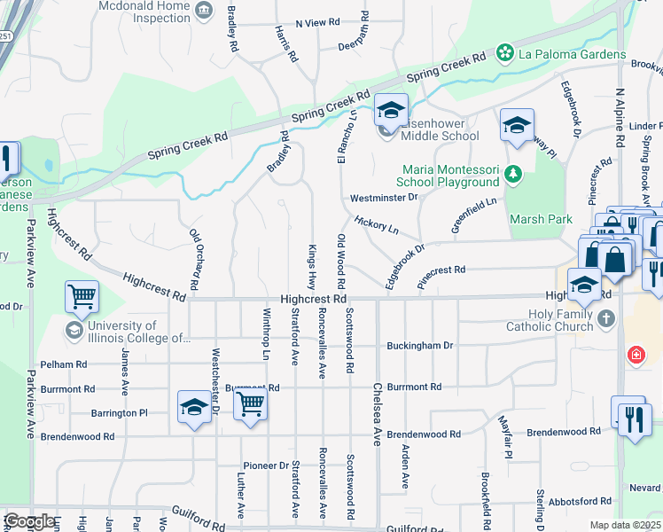 map of restaurants, bars, coffee shops, grocery stores, and more near 1724 Old Wood Road in Rockford