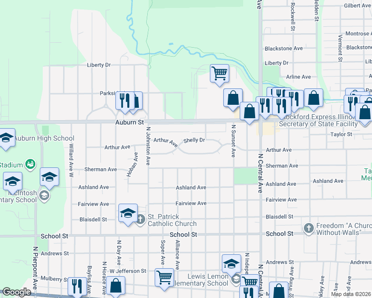 map of restaurants, bars, coffee shops, grocery stores, and more near 2215 Arthur Avenue in Rockford