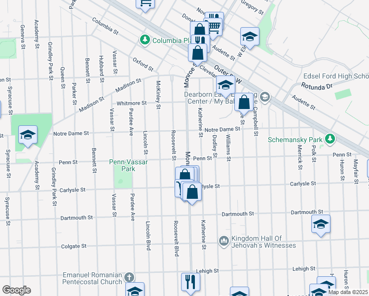 map of restaurants, bars, coffee shops, grocery stores, and more near 3410 Monroe Street in Dearborn